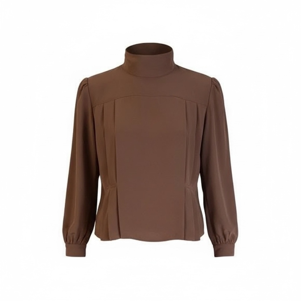 Dynasty Apparel Mocha Pleated 100% Silk Mock-neck Women's Blouse, Size 10